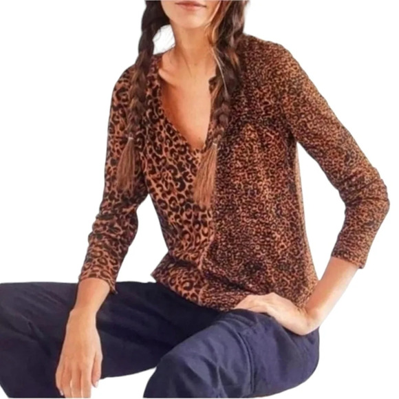 Anthropologie Tops - Anthropologie Pilcro Leopard Cheetah Print Waffle Knit V Neck Long Sleeve Medium